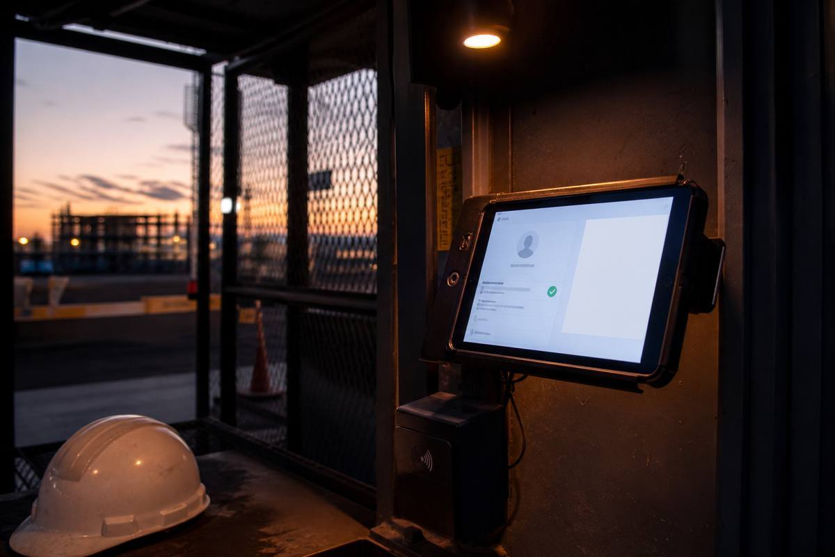 Gate-side attendance check-in tablet used by site workers