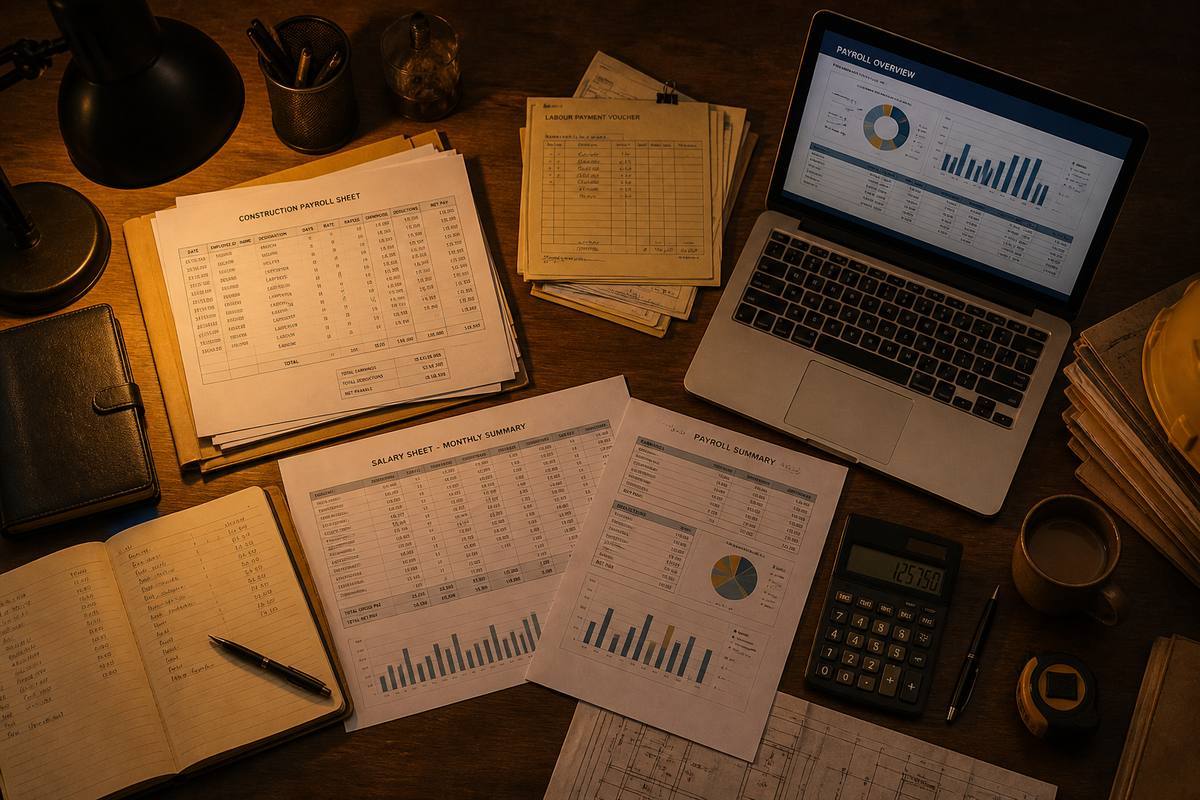 Payroll salary sheets and ledger documents prepared for payout