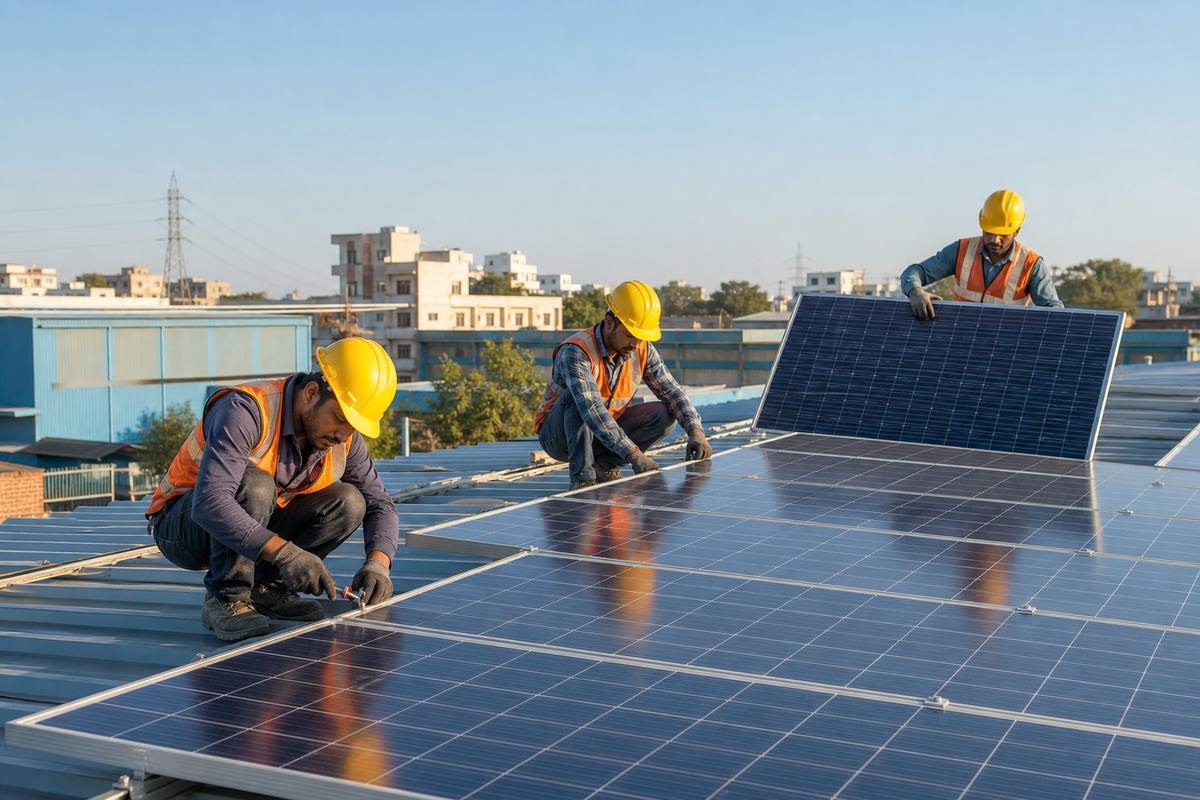 Solar rooftop installation crew working on a project site